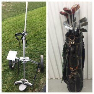 Vtg 1960's Northwestern Golf Co. Golf Folding Rolling Cart Bag 13 Clubs  Tubes